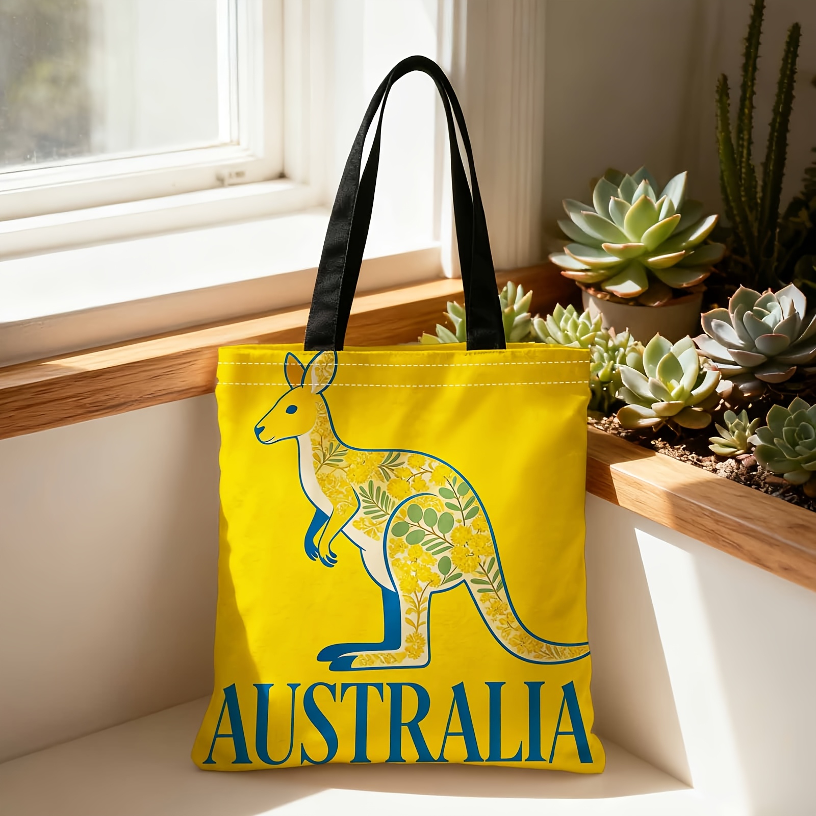 TEMU 1pc Tote Bag With 2d Flat Effect, Australian Floral Kangaroo Silhouette And "australia" Letter Print, Large Capacity Reusable Tote Bag, Suitable