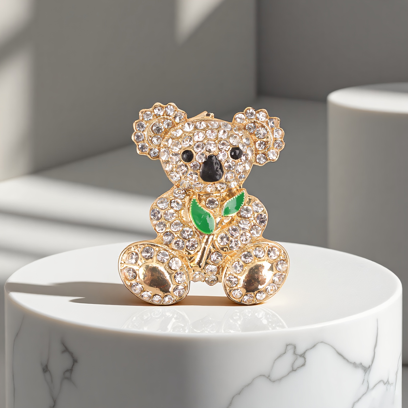 Image of 1pc Cute Koala Brooch - Golden- With Rhinestones & Green Enamel. Perfect For Valentine's Day, Evening Dresses, Coats, & Romantic . A , Romantic Gift For .