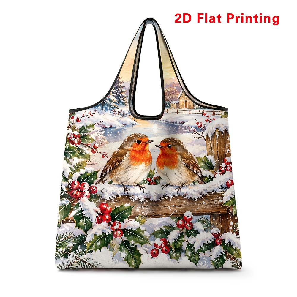TEMU Foldable Shopping Bag With A 2d Flat Print Of A Bird And Snowy Scene. Large Capacity, Portable, And Reusable, Suitable For Daily Use, , Travel,