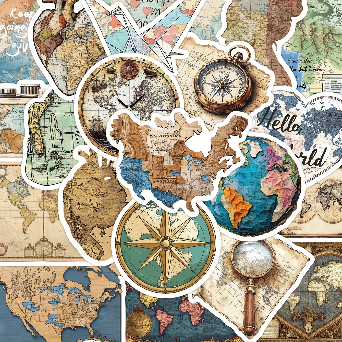 TEMU 50pcs Scxxbsw Vintage Map Stickers - Colorful, Reusable Pvc Decals For Journals, Laptops, Suitcases & Phone Cases - Ideal For Bullet Journals,