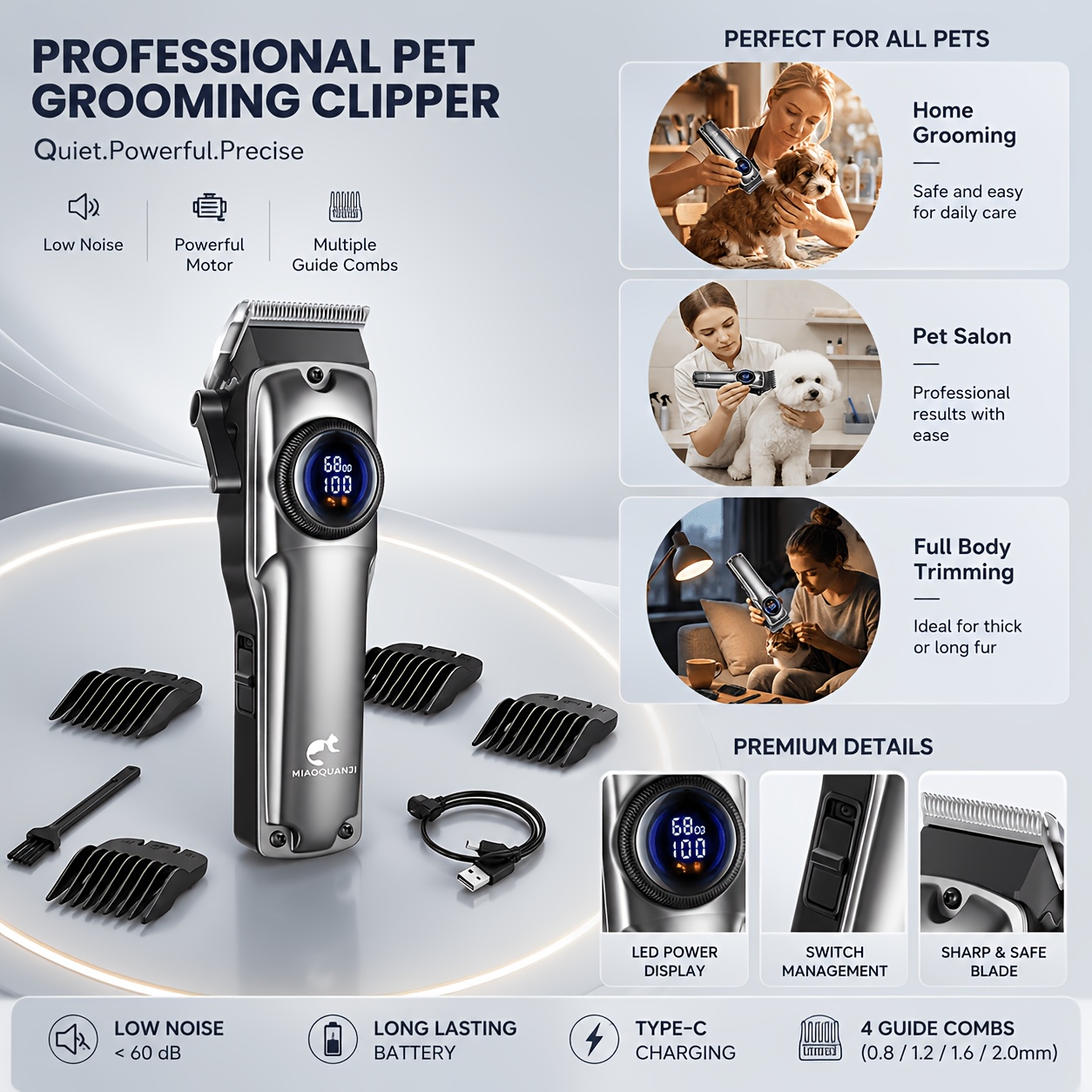 TEMU Low-noise, Skin- Clipper For Cats And Dogs, Rechargeable Grooming Tool. Upgraded Silent Motor Ensures No During Night Grooming. Features 4-level