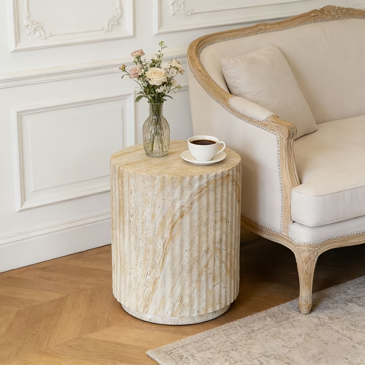 1pc Light Luxury Faux Cave Stone Side Table with a Cylindrical Vertical Stripe Design, Suitable for Living Room Sofa Side Or As a Small Bedside Table in The Bedroom