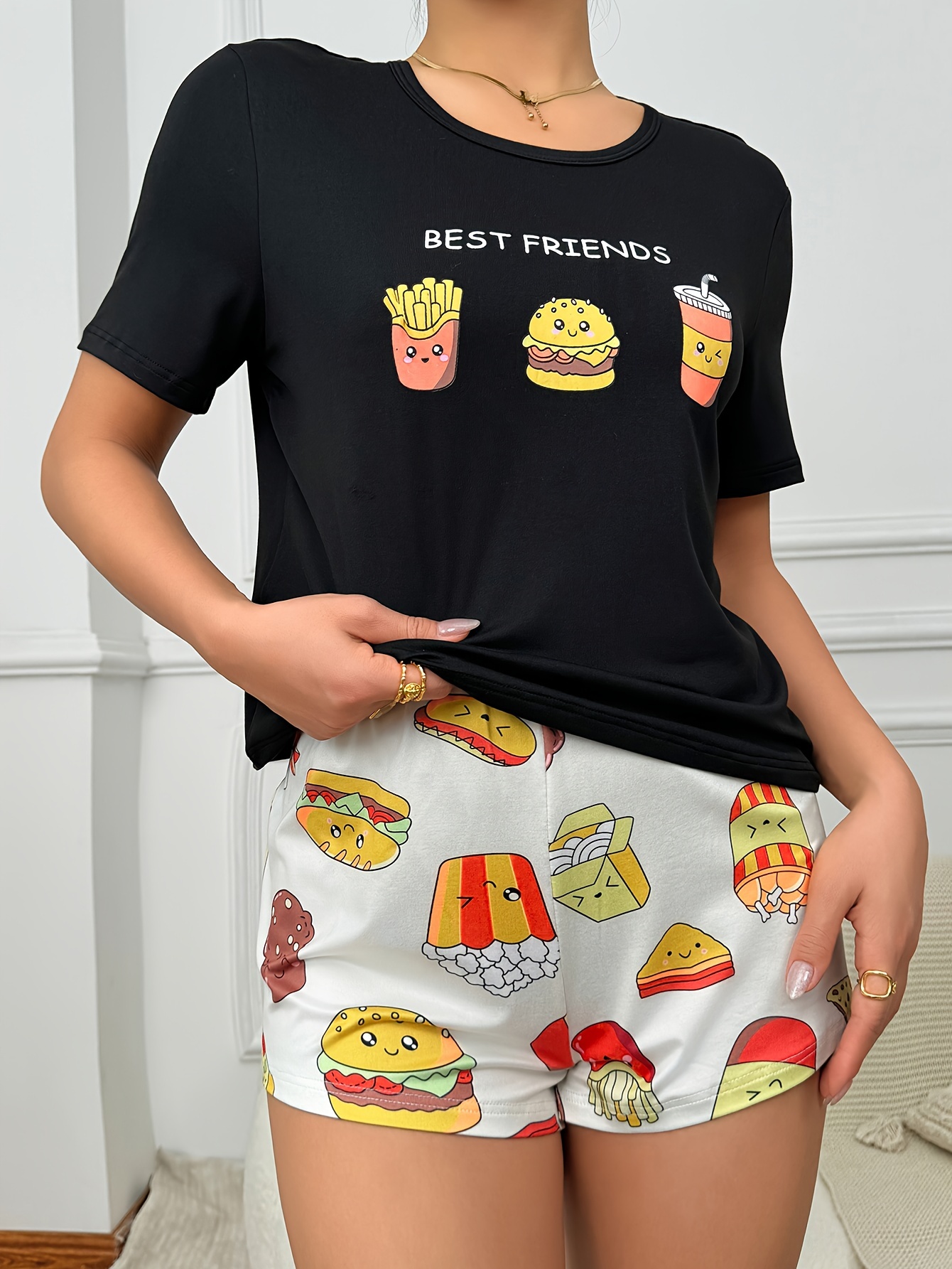 Hamburger Print Pajama Set Short Sleeve Crew Neck Top - Temu