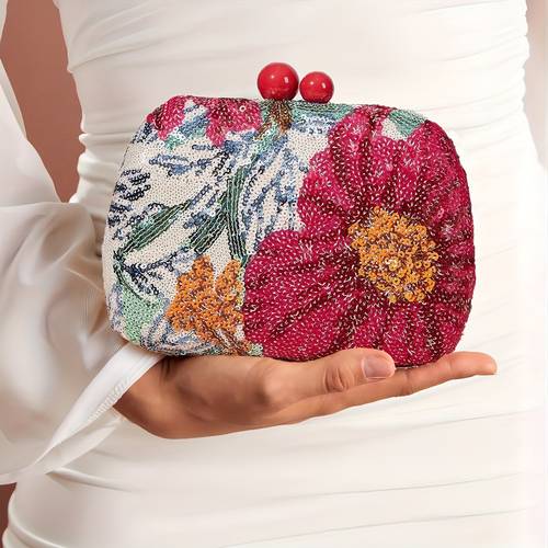elegant mini clutch with and shimmering beads suitable for parties weddings and formal events features a detachable shoulder strap and a secure clasp closure made of polyester with a random print and lightweight construction from not machine washable