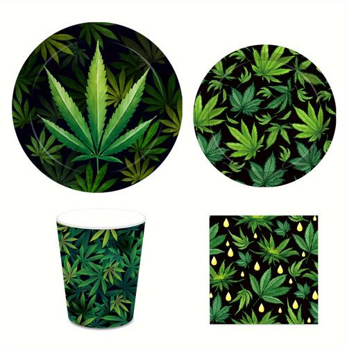 A Set of Summer-Themed Cannabis Leaf Decorations for a Birthday Party, Including Paper Plates, Napkins, And Cups