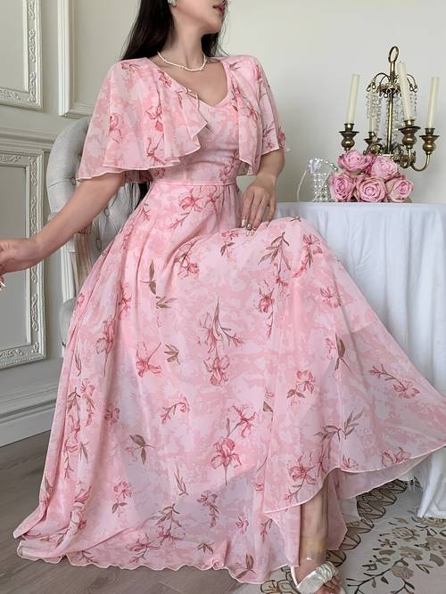 elegant womens v neck cape design with floral print chiffon waist and flared dress