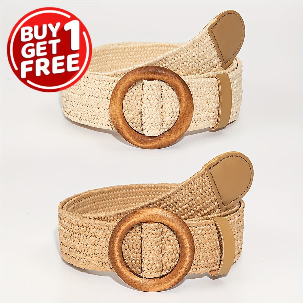 

2pcs Spring Summer Boho Round Wooden Buckle Elastic Pp Grass Braided Belt Combination Package Buy 1 Send 1
