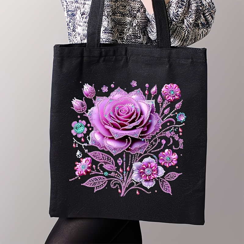 TEMU 1 Set Diamond Painting Tote Bag Kit, Off-white Tote Bag With Purple Floral Pattern, 1 Set Diamond Painting Tote Bag Kit With Diamond Painting
