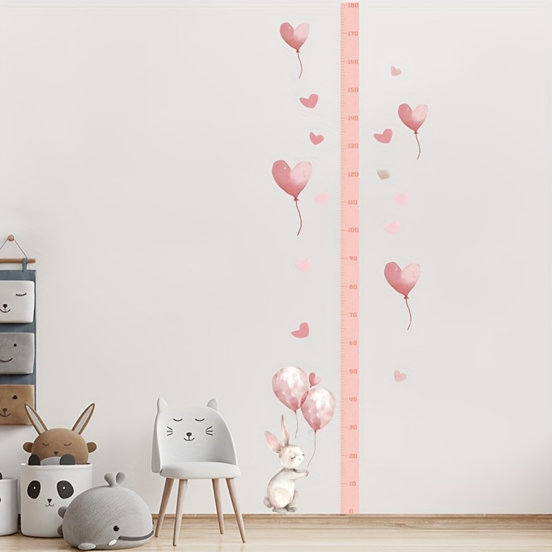 Image of 1pc Pink Cute Bunny Balloon Love Height Wall Sticker - Easy-to-apply Self-adhesive Design, Accurate Measuring Ruler To Track Progress - Perfect Bedroom Decoration