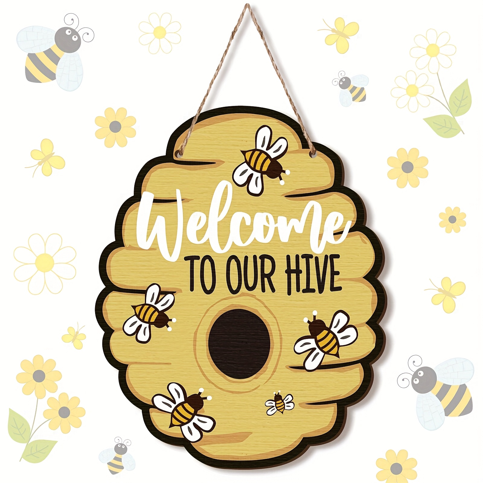 TEMU Wooden "welcome To Our Beehive" Wall Sign, Hanging Welcome Sign With Bees, Wooden Honeycomb Decoration, Farmhouse Beehive Decor For Home