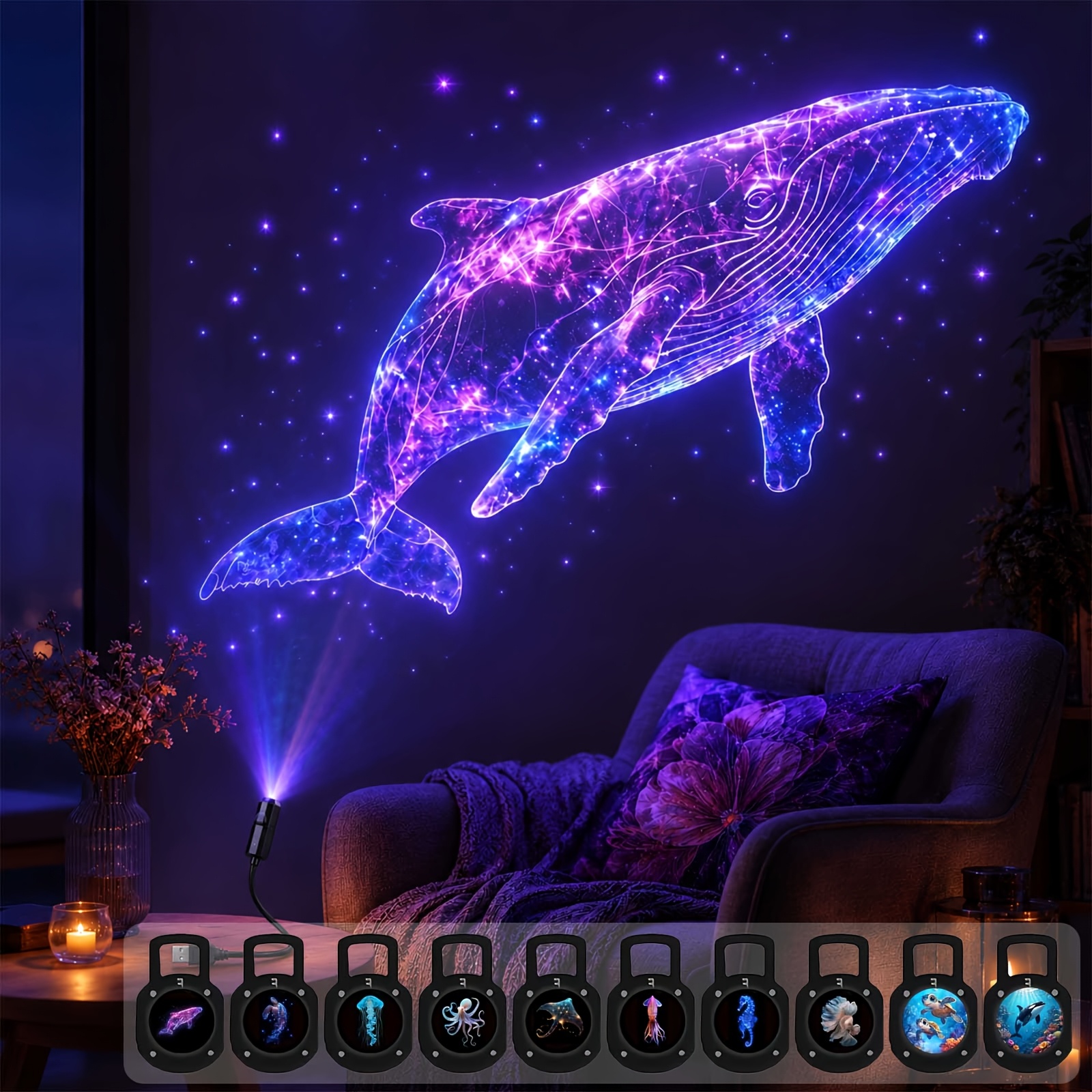 TEMU Sea Animals Night Light Projector, Usb Powered 360° Rotating Hd Projection Lamp, Led Bedside Atmosphere Lamp With Interchangeable Films, Whale,