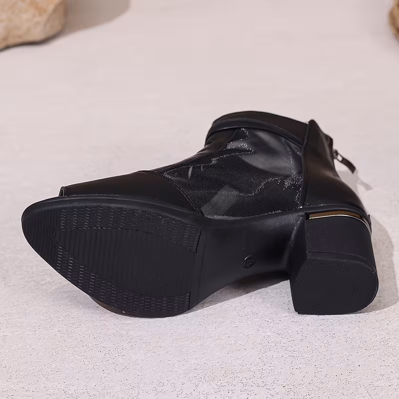 ladies fashionable mesh ankle boots chunky heeled toe shoes stylish solid color short boots for outdoor wear details 2