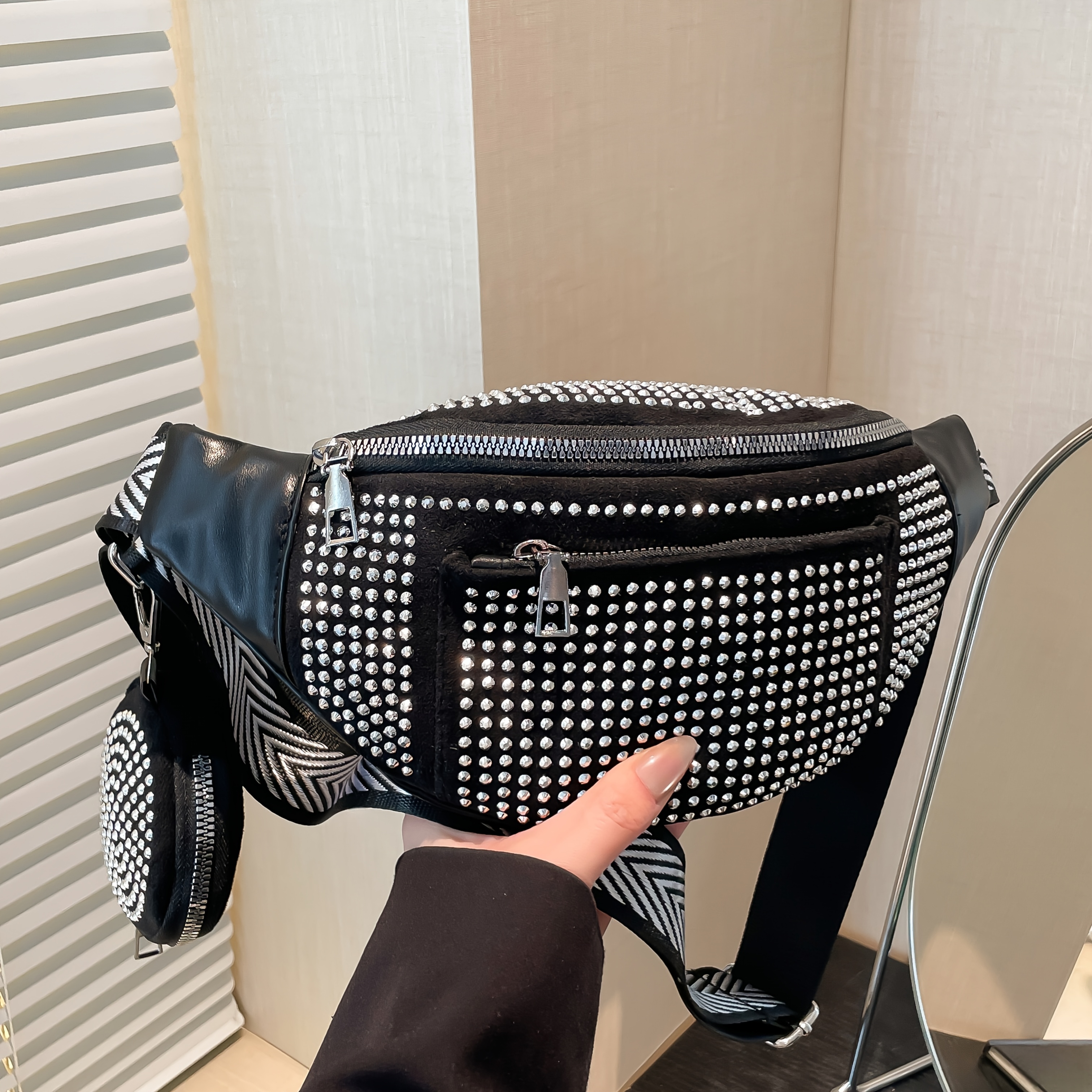 Image of 2025 Wide Strap Rhinestone-embellished Chest Bag, Shiny Rhinestone Versatile Lightweight Women's Fashion Minimalist Niche Design High-quality Trendy Waist Bag, Includes Small Wallet
