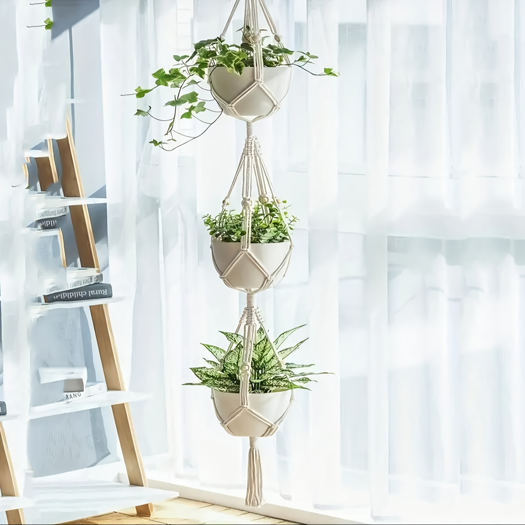 

Macrame Double Plant Hanger Indoor Outdoor, 2 Tier/ Hanging Planter Basket Rope With Beads, (2/3pcs Is To 2/3 Tiers)