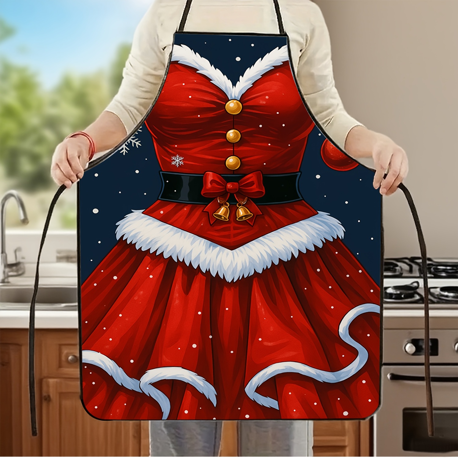 TEMU 1pc Elegant Christmas-themed Chef Apron For Women - Red And White Holiday Design With Snowflakes, Golden Buttons, And Collar, Suitable For