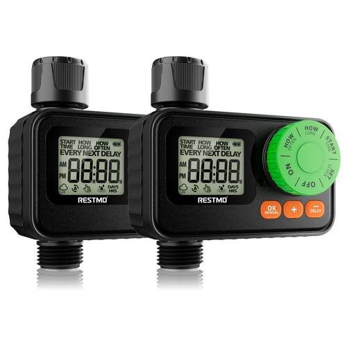 2pcs water timer for garden hose sprinkler irrigation timer 3 4 fitting 1 12hrs 1 schedule leakproof rain delay easy setup with large lcd 2 aaa powered for lawn greenhouse birdbath