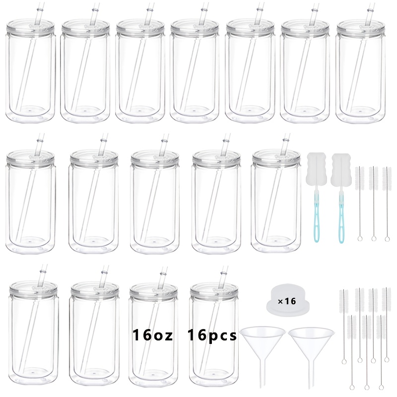 TEMU 16-pack 16oz Double Wall Clear Tumblers - Reusable Plastic Cups With Lids, Straws & Complete Tool Kit | 's Day Drinkware, Spring Cold Brew &