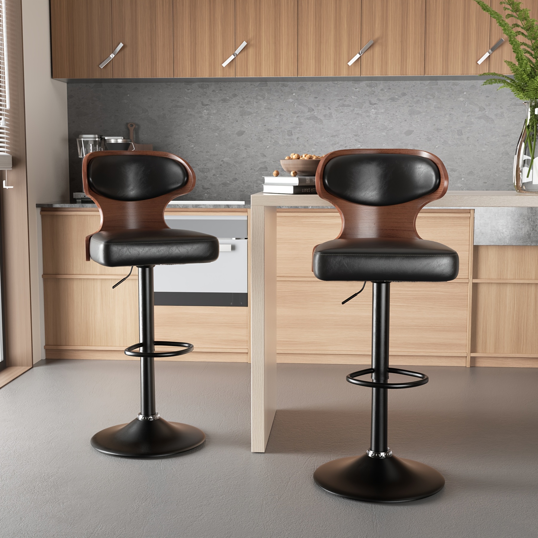 Image of Bar Stools Set Of 2 Seat Adjustable Height 62-85cm | Swivel Barstools With Back And Footrest Stool Set Pu Upholstered Bar Chair For Bar, Kitchen, Dining Room