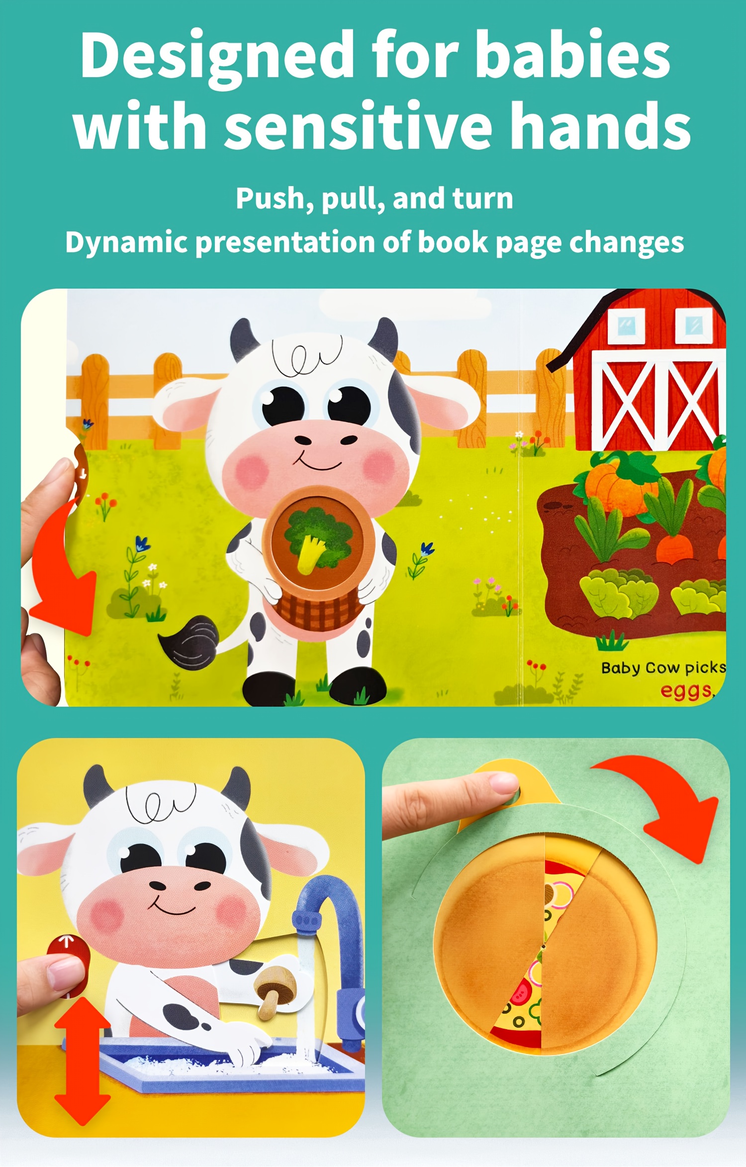 Baby Cow Lift-the-Flap Books, Good eating habit formation, Interactive picture, Cow'S Pizza Day, push-pull book, Early education enlightenment, Illustrated by Canadian Artist, Birthday Gift, Bear Tale