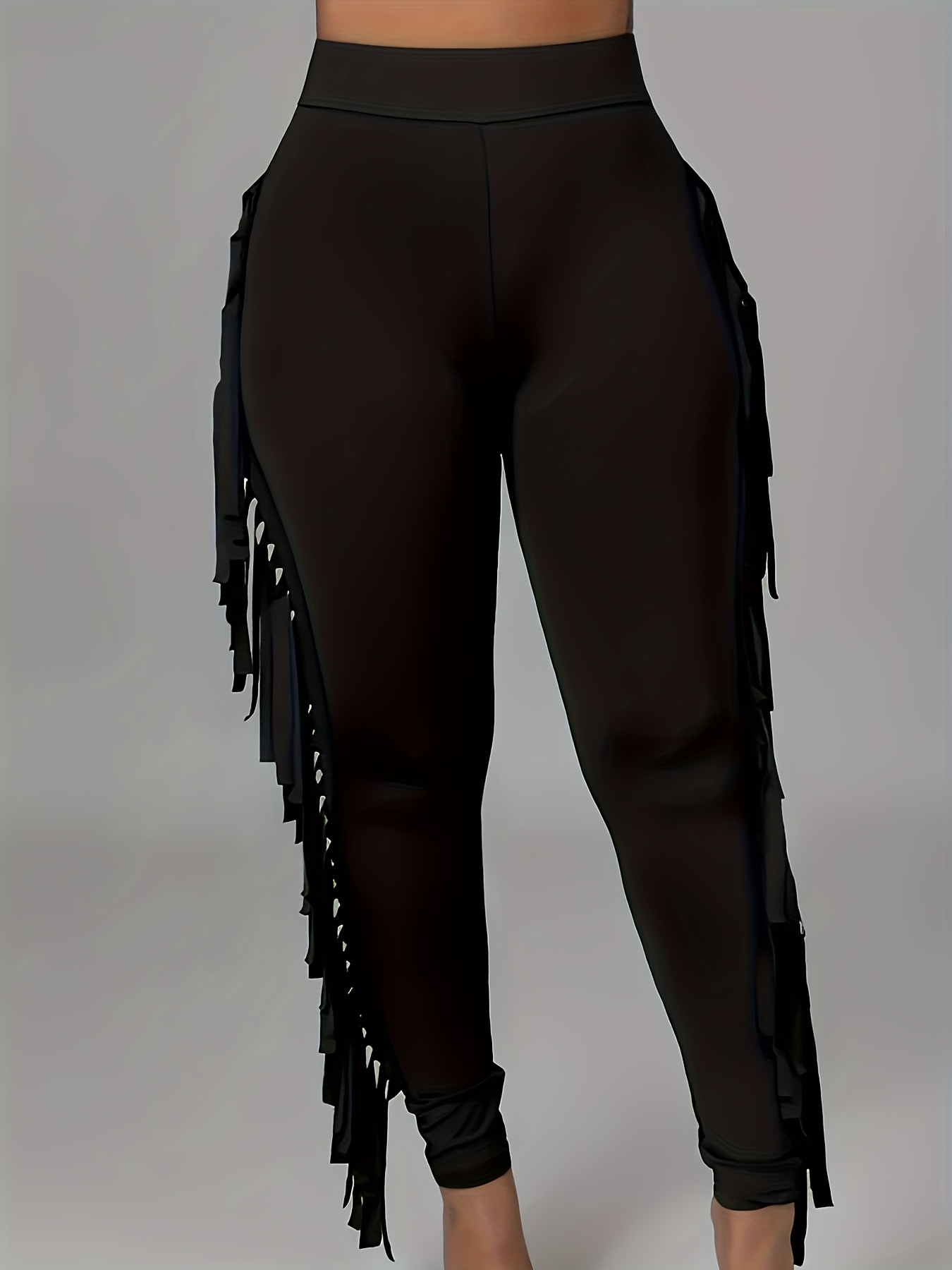 Women'S Plus Size High-Waist Pencil Pants with Fringe Detail Elegant  Stretchy Black Fabric Fit for Casual or Dressy Occasi