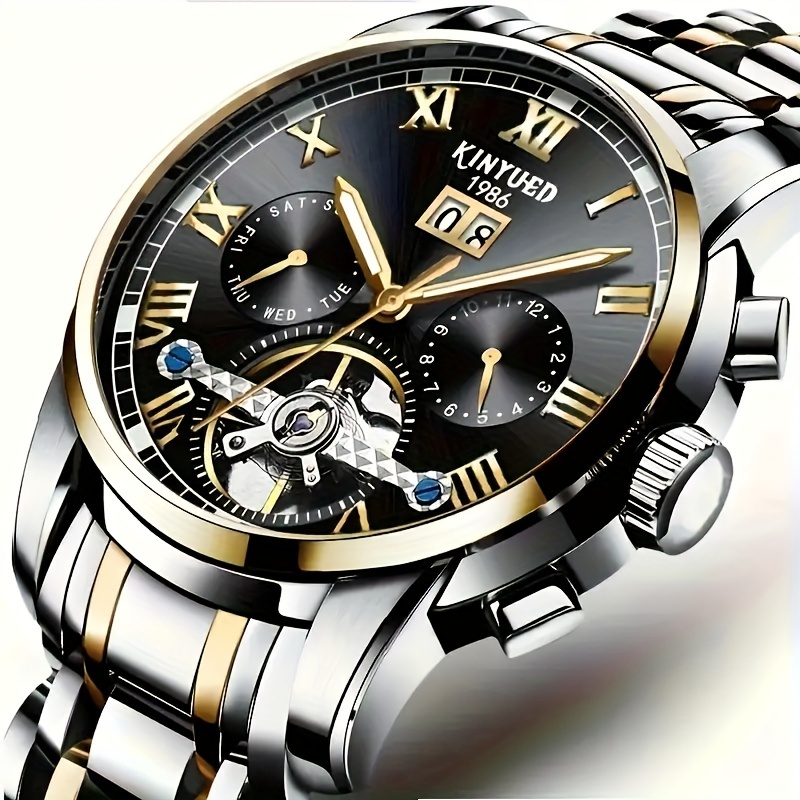 Image of [kinyued]men's Multi Function Automatic Mechanical Watch, Stylish Sports See Through Skeleton Dial, Gift