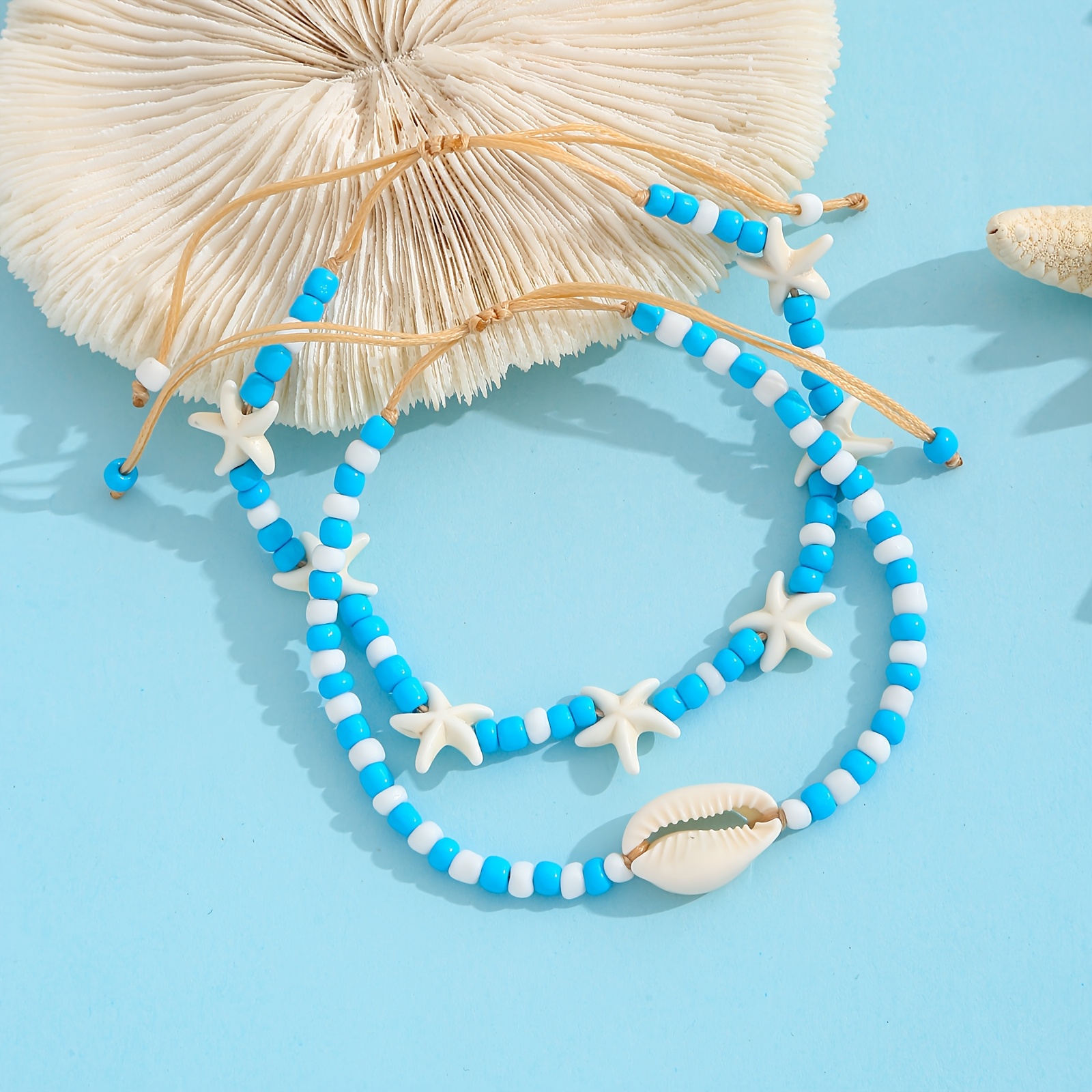 Image of 2pcs Nautical Style Beaded Anklet Set With Glass And Round Mini Spacer Charms, Stackable Foot Jewelry For Casual Attire, Four-season Vacation Accessories