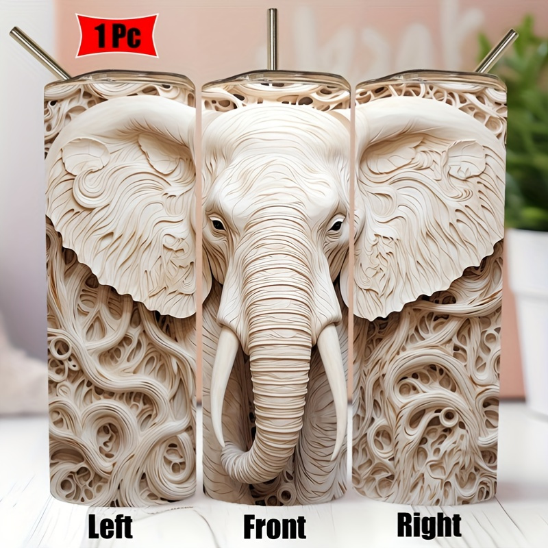 

1pc 20oz Stainless Steel Tumbler With Wood Carving Elephant Design, Shatterproof Insulated Travel Cup With Lid, Straw, And Cleaning Brush - Ideal Gift For Family And Friends