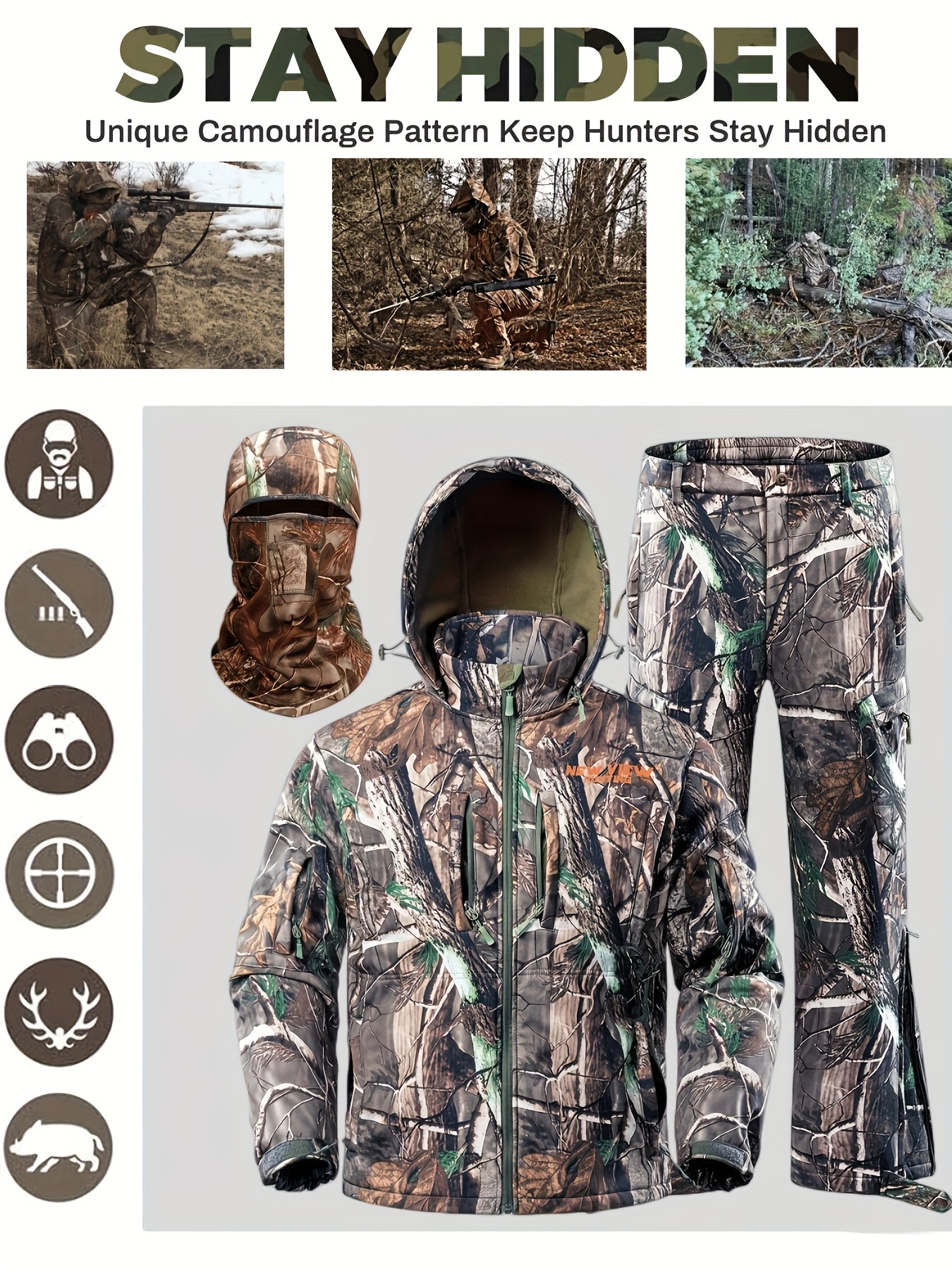 ROPA DE CAZA CAMO PARA HOMBRES, CHAQUETA Y PANTALONES DE CAZA CÁLIDOS DE  INVIERNO, TRAJE DE CAZA FORRADO DE FORRO POLAR PARA Y - Main Image