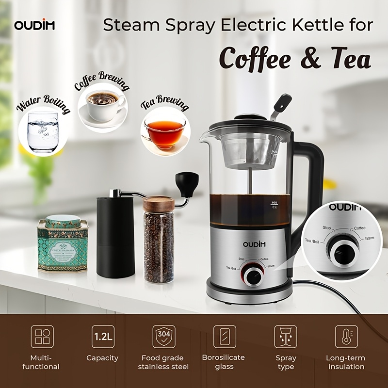 TEMU 1pc Oudim Electric Coffee Maker, 1.2l Glass And Stainless Steel Drip Plunger Boiling, 600w, 110-130v Us Plug, Heat Resistant Borosilicate, Function, Bpa-free