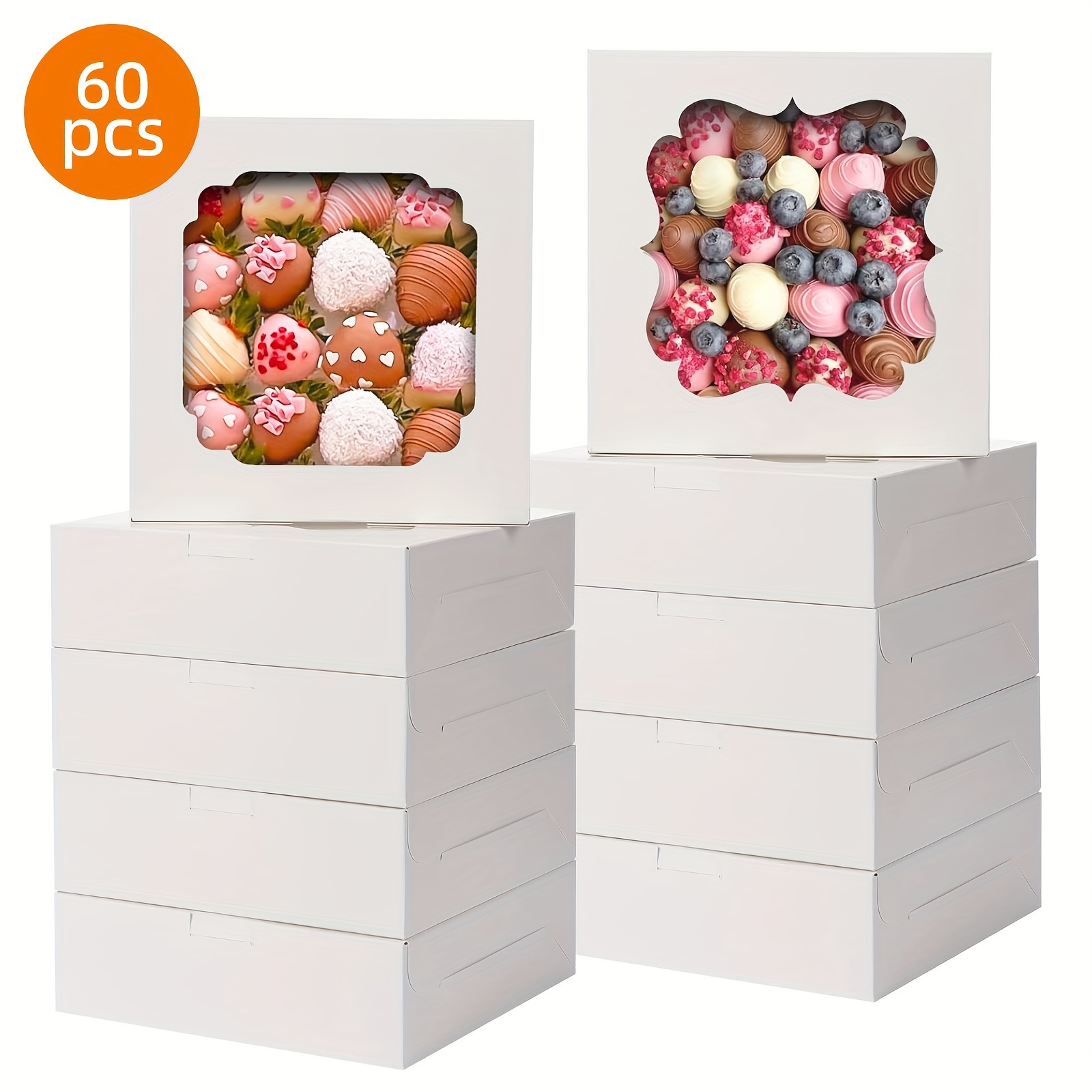 

60pcs White Cookie Boxes, Biscuit Boxes, Candy Boxes, Bakery Boxes, 8x8x2.5 Inches Bakery Boxes With 2 Style Windows For Pastry, Dessert, Cake Chocolate Strawberries Pie