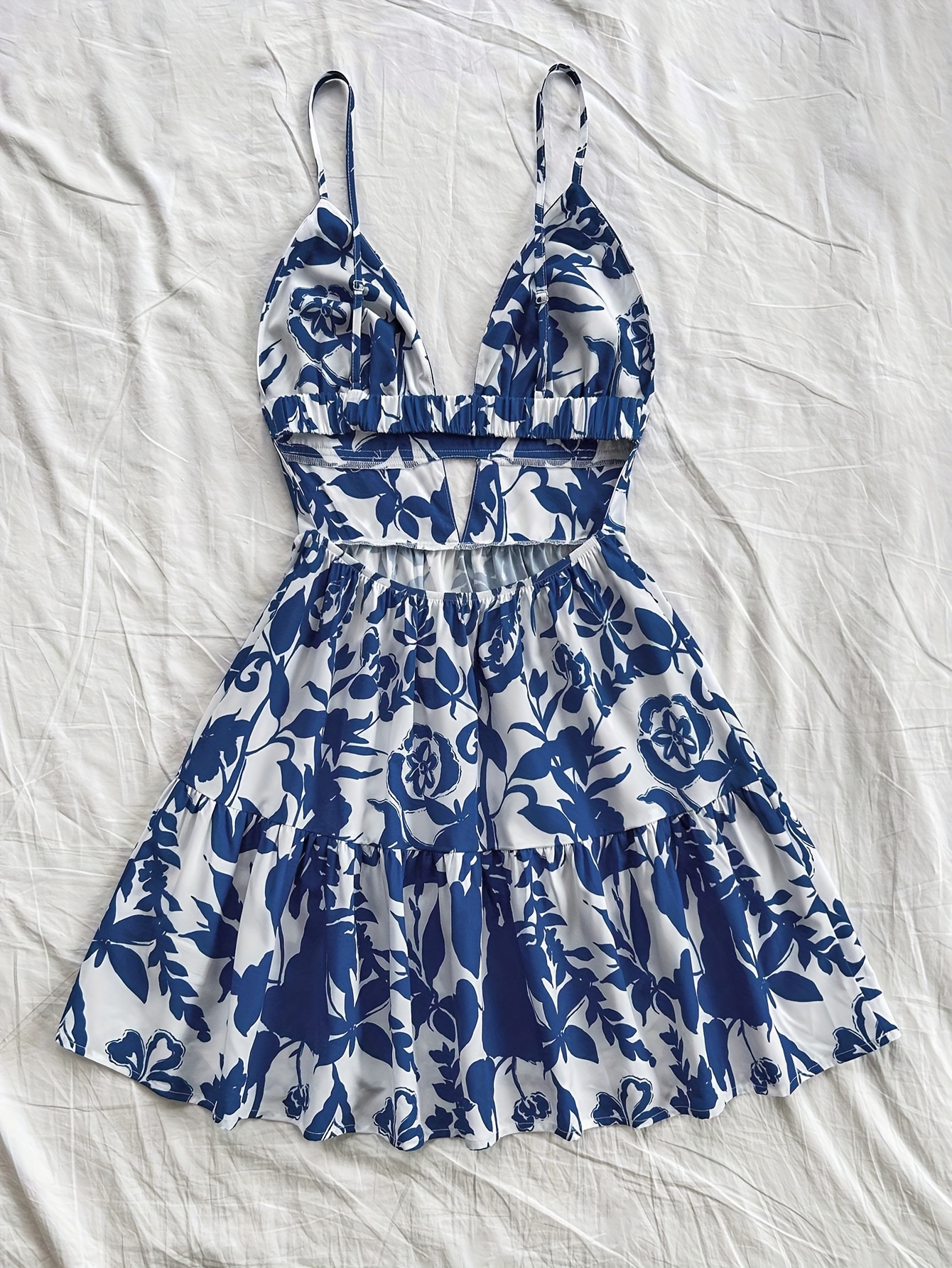 womens blue white paisley floral print thin strap backless a - Temu United  Arab Emirates
