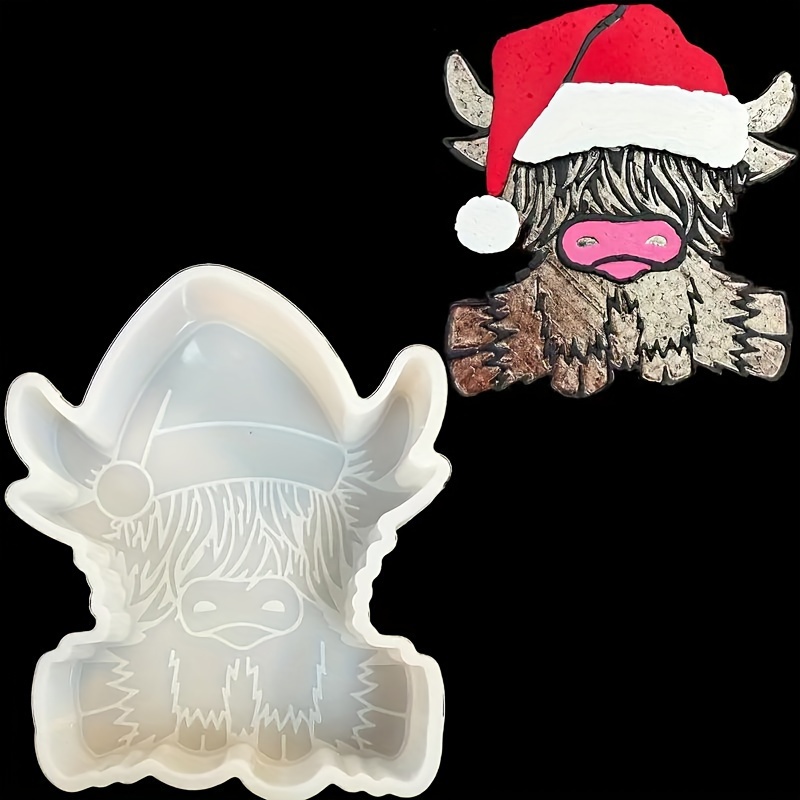 

1pc Highland Cow Silicone Mold, Rustic Christmas Aromatherapy Bead Car Candle Making, Festive Silicone Freshener Supplies With Santa Hat Design, Holiday Craft Mold