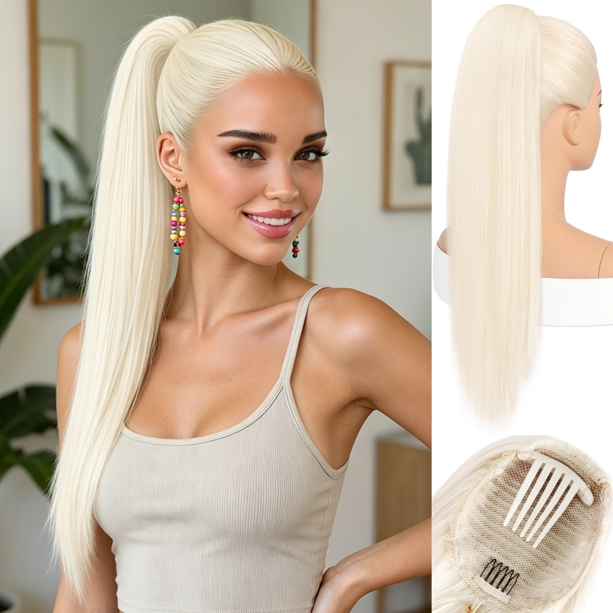 Barsdar Straight Ponytail Hairpiece, 22inch Short Straight Ponytail With Comb And Drawstring Look Synthetic Cheer Ponytail Extension Party Cheer Competition