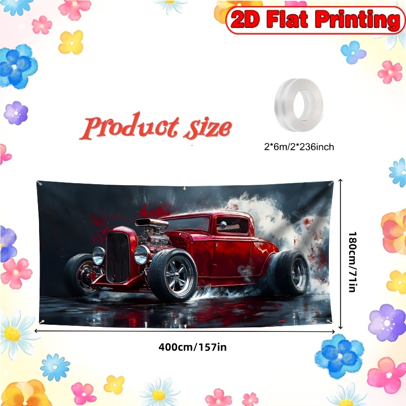 Image of 1pc 2d Polyester Party Banners - The Red Vehicle - Bright Polyester Fabric Party Backdrop, Ideal For Indoor And Outdoor Use, Sturdy Material, Easy To Hang, Garage Door Decor