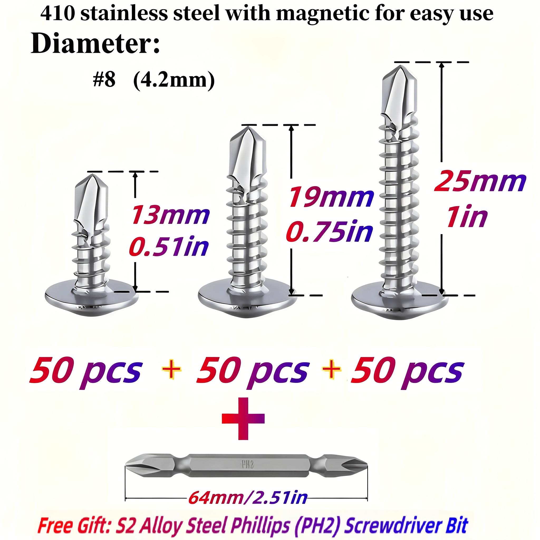Image of 150pcs 410 Stainless Steel#8 Self-tapping Kit, Fully Threaded, Truss Head, Phillips Slot, , For Metal, Furniture, Mep, Repair, 3 Length Combinations(1/2in., 3/4in., 1in.), Includes A Free Bit