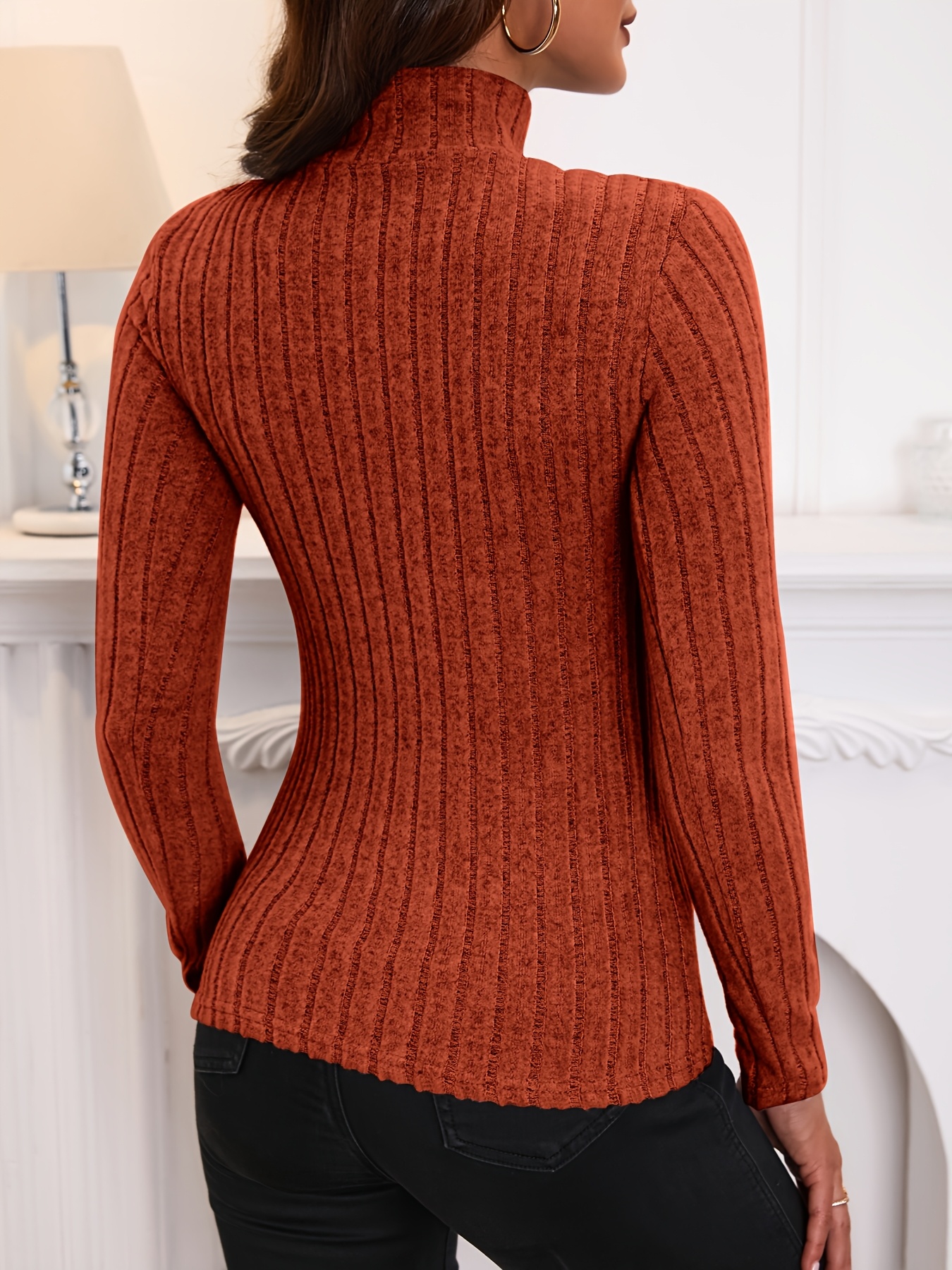 Solid Turtle Neck Rib Knit Top, Elegant Slim Long Sleeve Simple Sweater, Women's Clothing