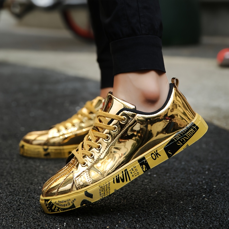 unisex metallic golden skateboarding sneakers low top lace up casual board shoes with pu upper and sole fabric interior trendy streetwear footwear for all details 3