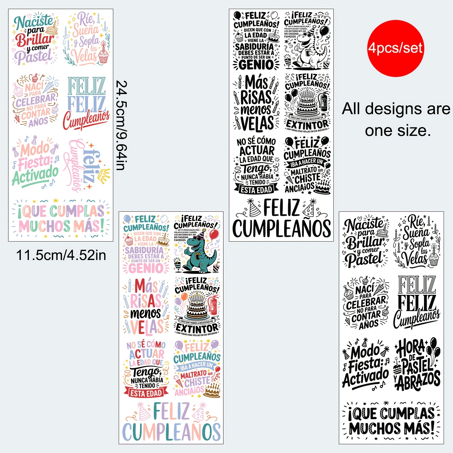 TEMU 4 Hojas/set. Juego de Transferencias UV DTF con Tema de en Español. 28 Diseños Divertidos de Texto " ". Diseño Autoadhesivo Impermeable. Ideal