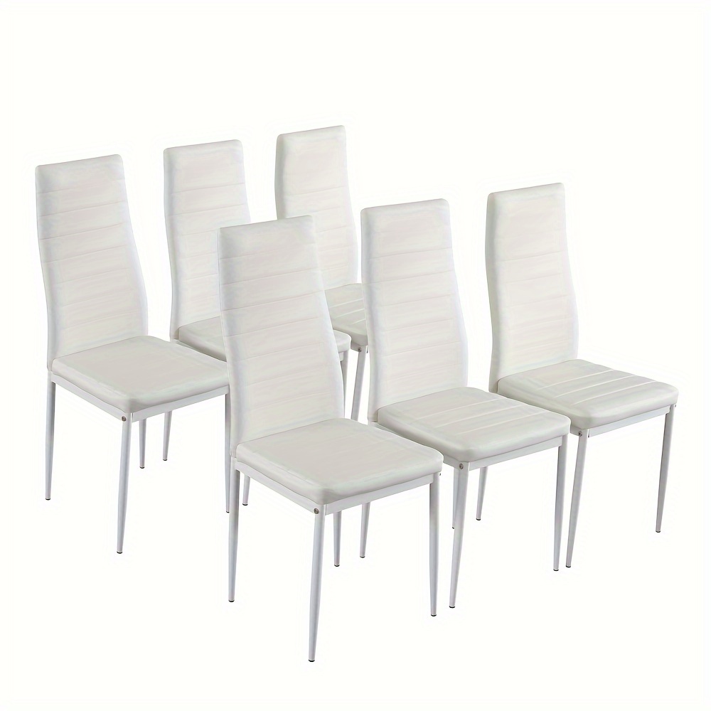 TEMU 6pcs Fch Modern White Pu Leather Dining Chairs With Horizontal- Backrest Cushion - Soft-padded Seats, Foam-filled Cushions, Round Tube Suitable