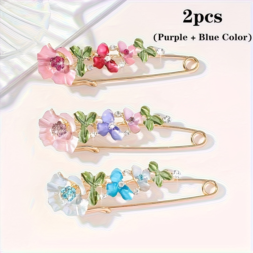 TEMU 2pcs Random Color Mixing Bohemian Style Floral Safety Pins, Mixed Color Rhinestone Safety Pins, Fashion Accessory For Scarves, Shirts, Jackets,