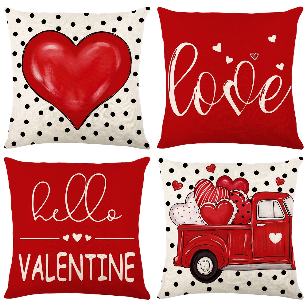 

4pcs Valentines Day Pillow Covers Hello Hearts Truck Throw Pillow Covers Decorative Cushion Covers Decorations For Home Decor, Room Decor, Office Decor, Living Room Decor, Sofa Decor