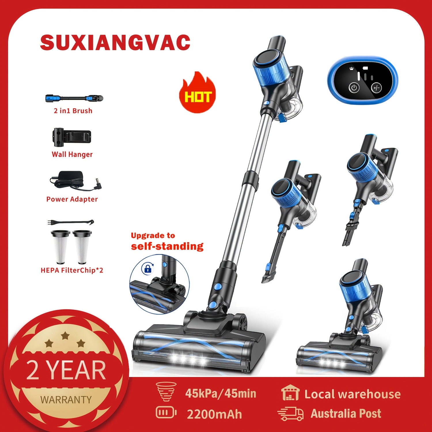 TEMU Aspirateur fil, aspirateur balai léger 8-en-1 avec aspiration puissante, 3 modes d'aspiration, écran LED, -nœuds , sols durs, tapis, poils
