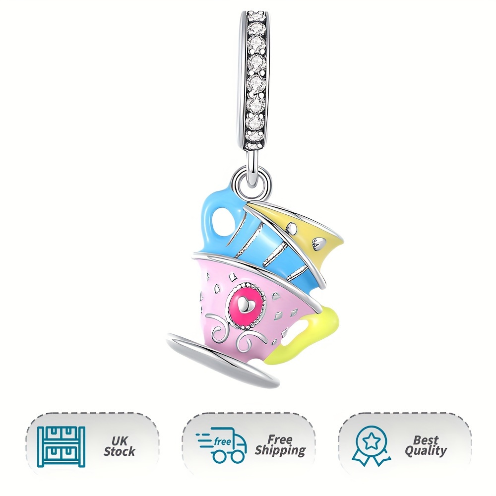 Enamel Three Tea Cups Dangle Charm 925 Sterling Silver Pendant
