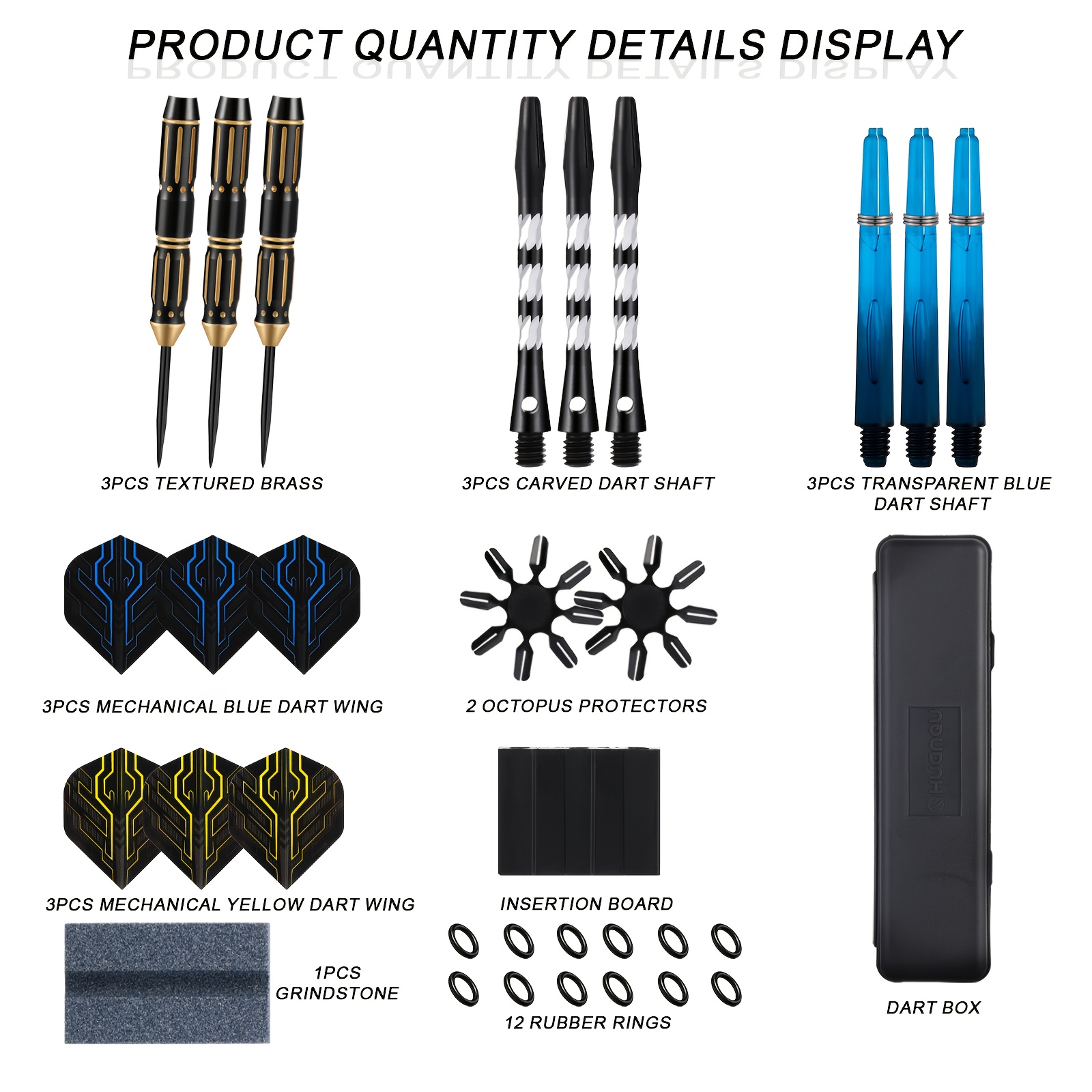 Een 24G dartset, inclusief een koperkleurige pijp, 3 stalen puntdarts, 6 PET-dartervleugelsignen, 6-delig schachtenset, 2 octopusbeschermers en 1 puntenscherper. Geschikt voor zowel binnen als buiten