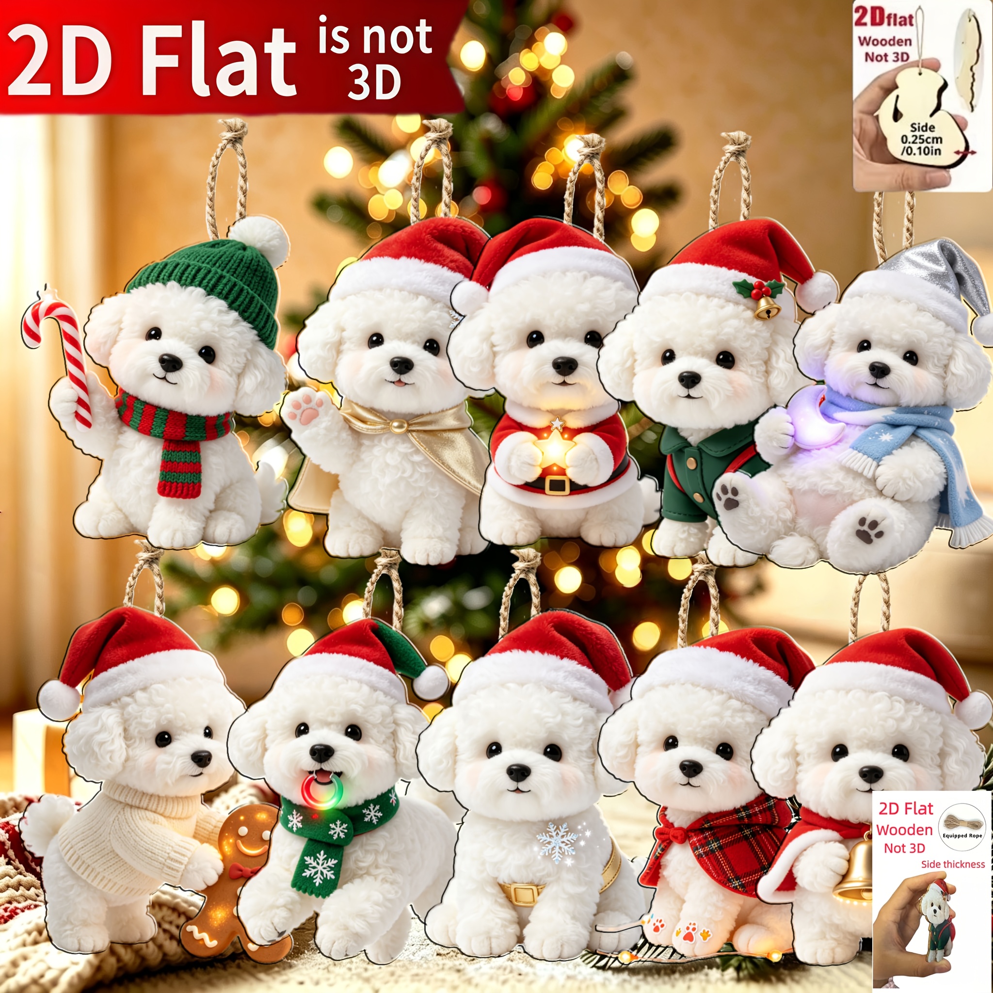 TEMU 2D Plat, 10pcs Adorables Bichon Frise de Noël, Décoration d'Arbre de Noël, Décoration de Fête Murale, Parfait pour Thanksgiving, Décoration de