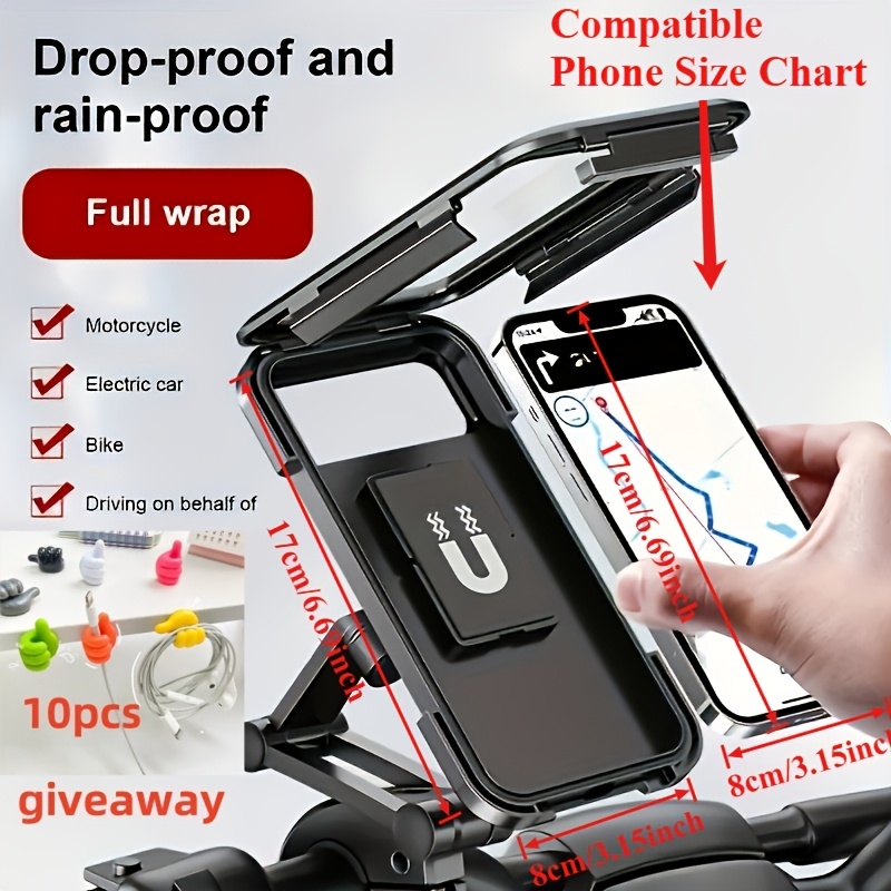 E-shop Handyhalterung und 10 Stk. Daumenhaken, Regenfeste Fahrrad Motorrad Handyhalterung | mit Bildschirmschutz, ABS Material, Magnetisches Design,