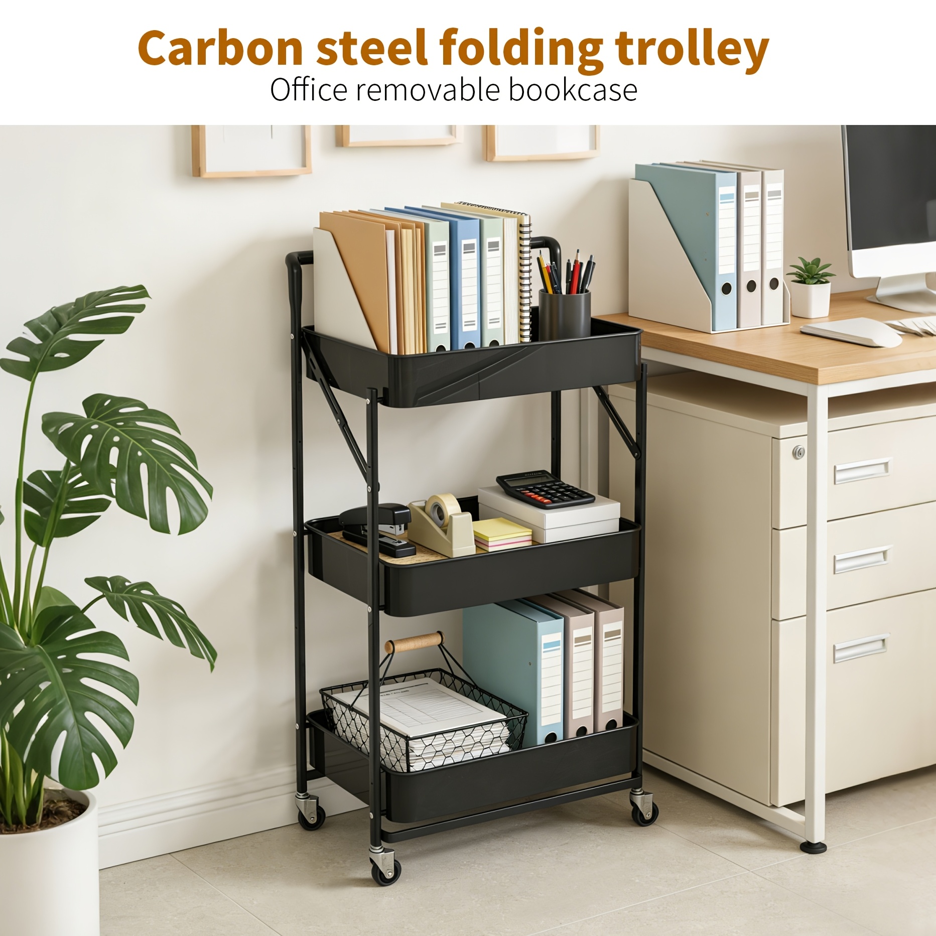 item picture 1pc foldable 3 layer iron metal cart with 360 rotating wheels no   floor mounted storage cart cabinet shelf organizer office supplies and accessories storage and organization