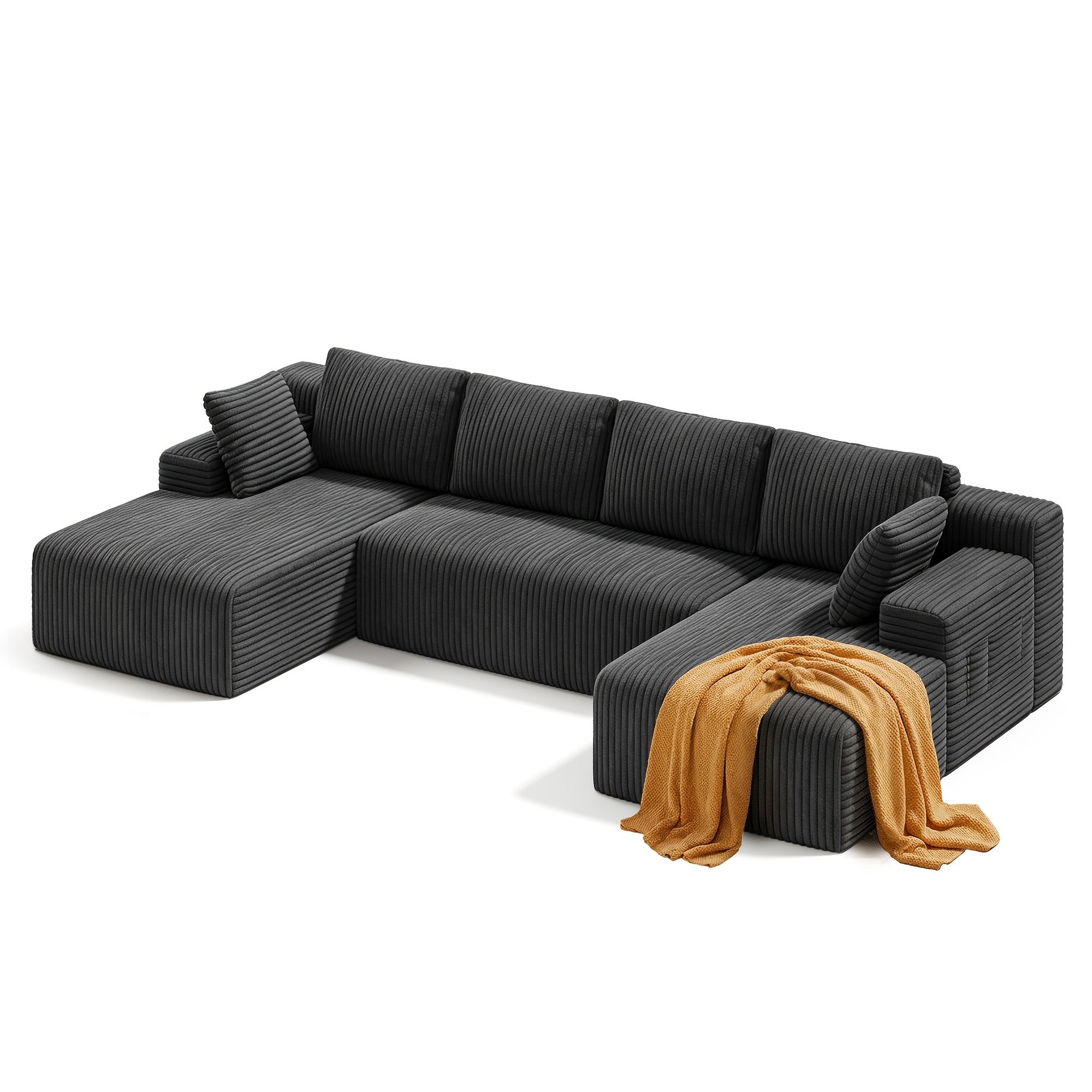 Image of Large U-shaped Modular Sectional Sofa With Foam Frame & Corduroy Upholstery - Modern - Suitable For Living Room, No , Four-seater Sofa With Double Chaise And Side Pockets, Foam-padded Couch