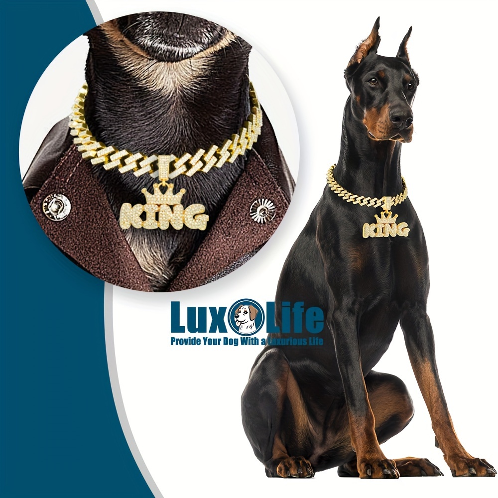 Goldene Hunde Kette Halsband mit synthetischen Diamanten Anhnger  &*;KING&*; Buchstabe, Kubanische Halsband Kette 15mm Breit Hunde Halsband  Metall Katzen Kette Haustier Halsband Schmuck Zubehr fr ...
