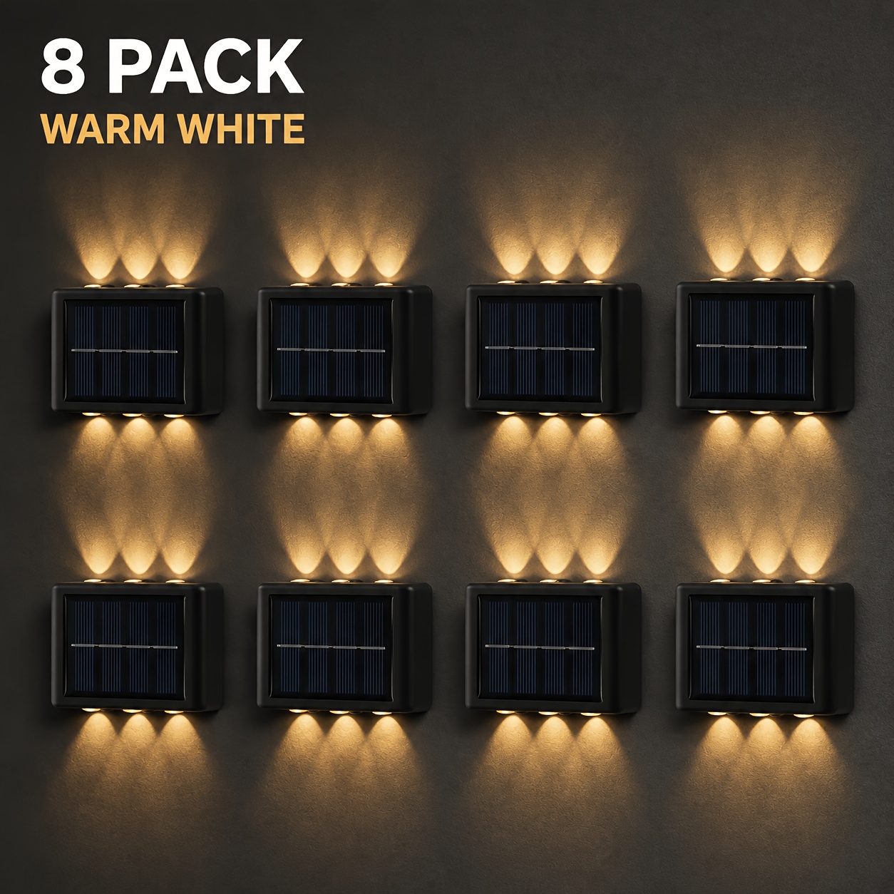 TEMU 8-pack 6-led Solar Wall Lights, Warm & Down Outdoor Fence Lights, Ip44 Decorative Lights For Patio, Garden, Deck, Front Door & Garage, Halloween